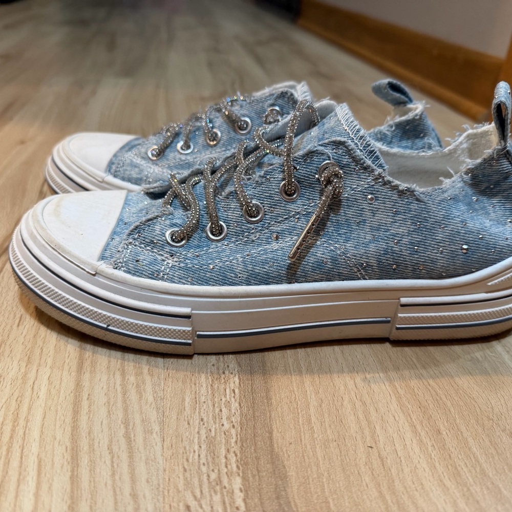 Denim Low-Top Platform Sneakers with Rhinestones